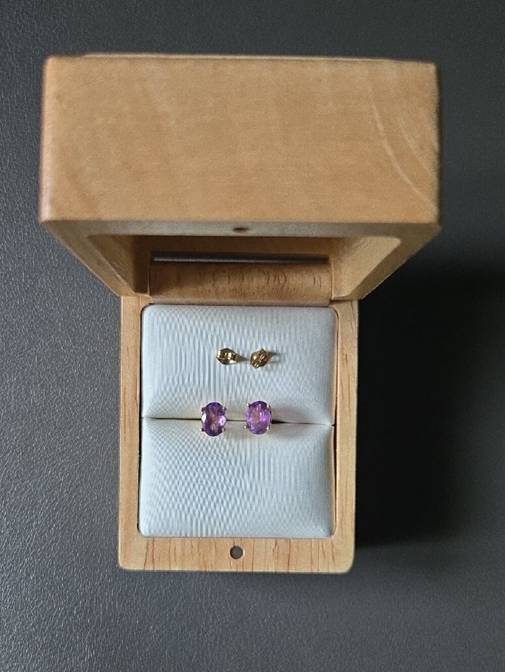 Solid 14k Yellow Gold Amethyst Stud Earrings - Picture 6 of 6